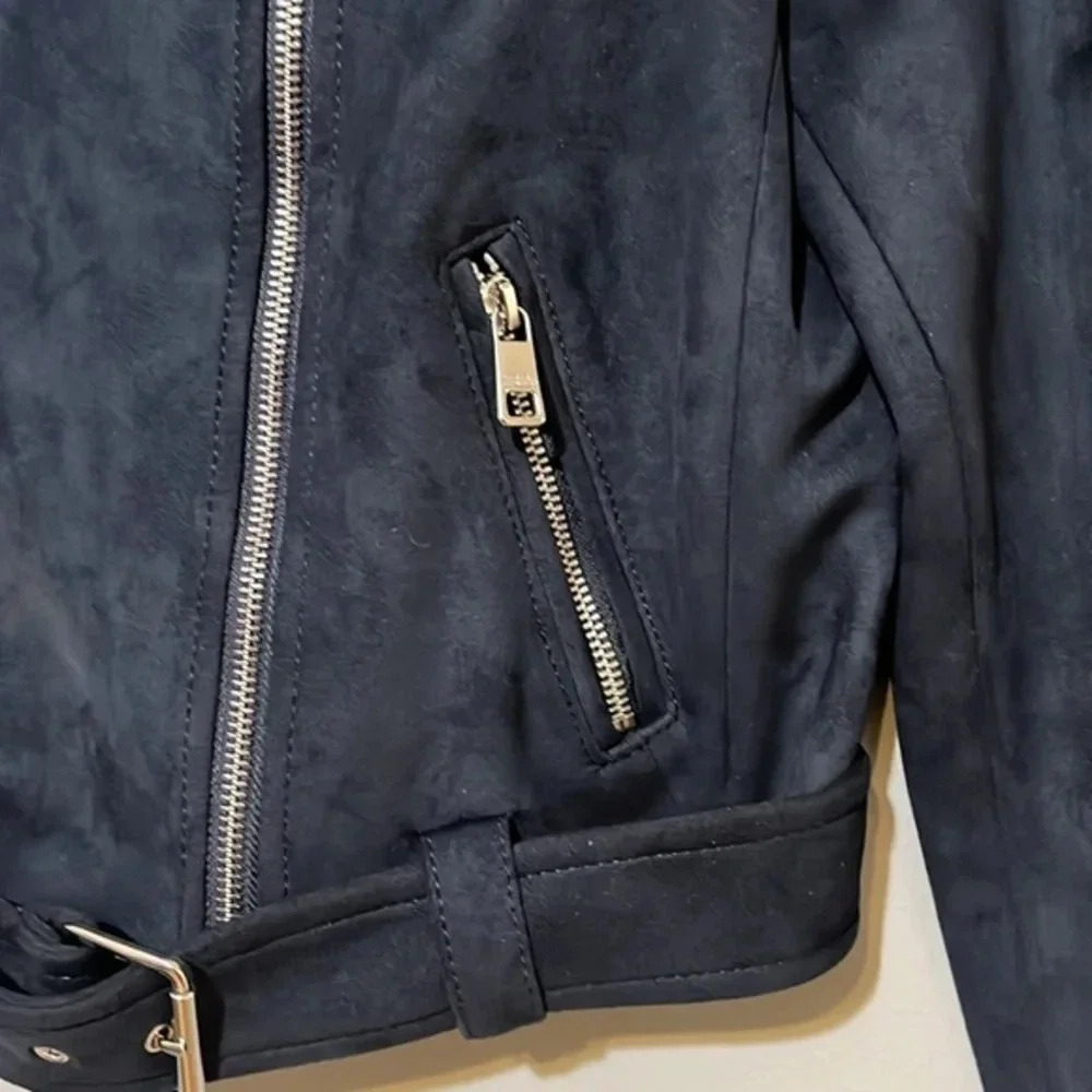 Banana Republic‎ | Navy blue vegan suede moto biker jacket Women’s S petite PS - Picture 4 of 10